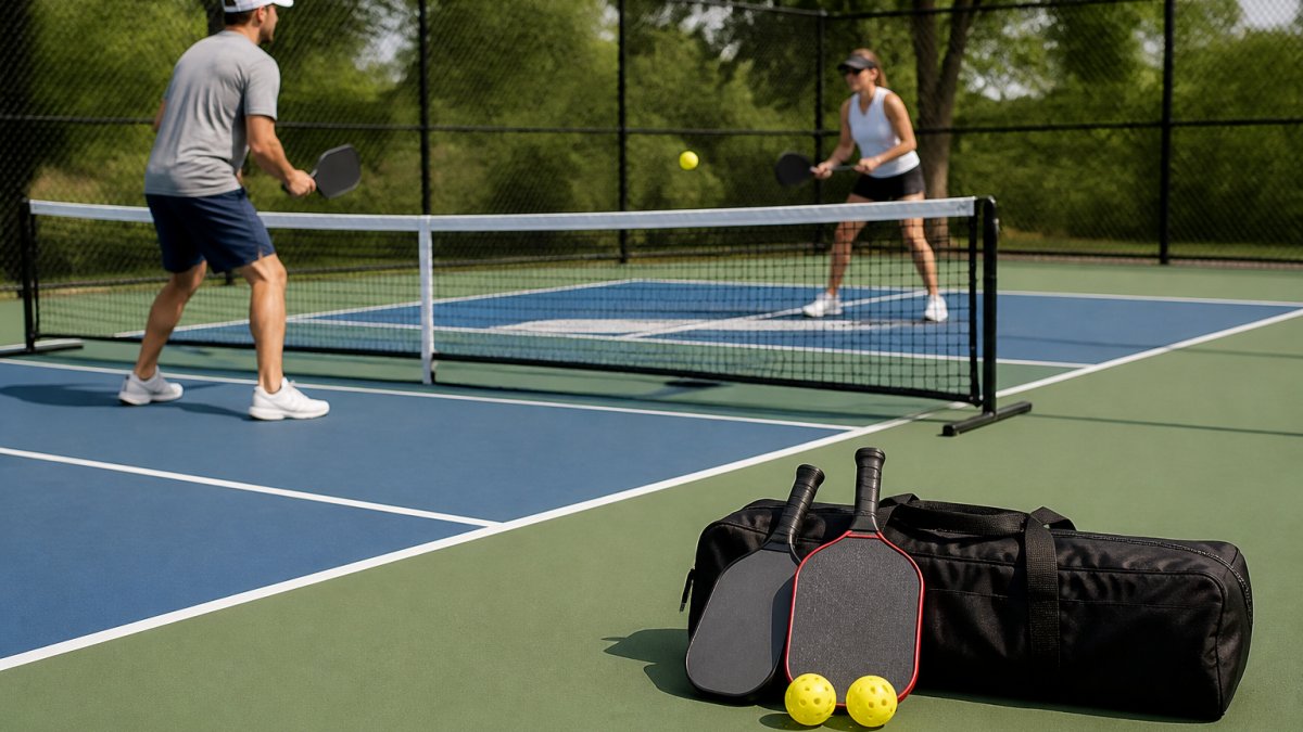 A regulation-size portable pickleball net set up on an outdoor court, with two players in athletic wear preparing for a rally and a carry bag resting nearby