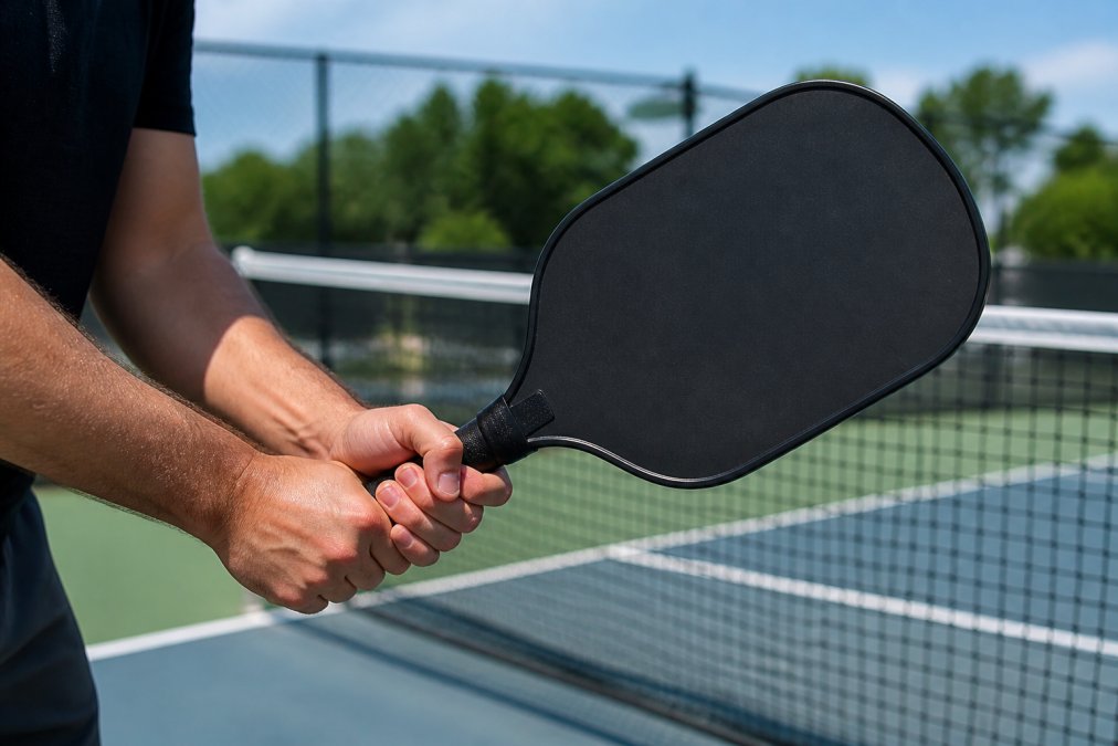 Close-up of a player's hands gripping a graphite pickleball paddle, with a blurred outdoor court and net in the background under bright daylight