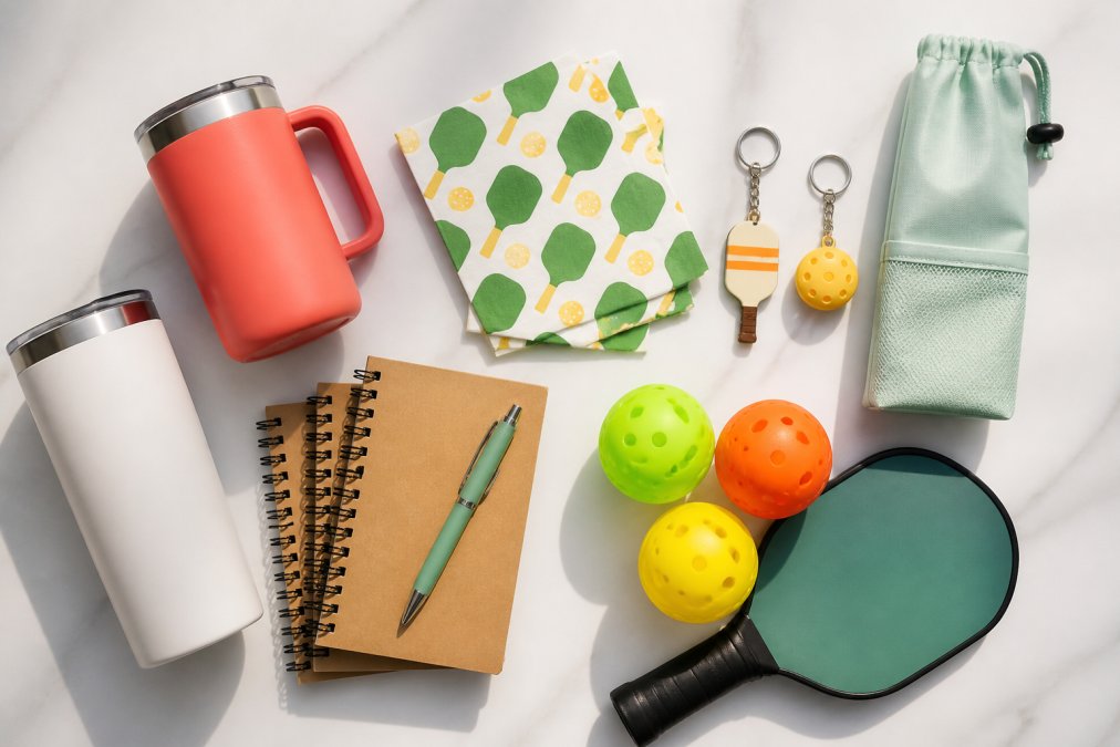 Flat lay arrangement of colorful pickleball accessories including tumblers, cocktail napkins, keychains, notepads, and a water bottle pouch artfully displayed on a bright white surface with natural sunlight casting soft shadows