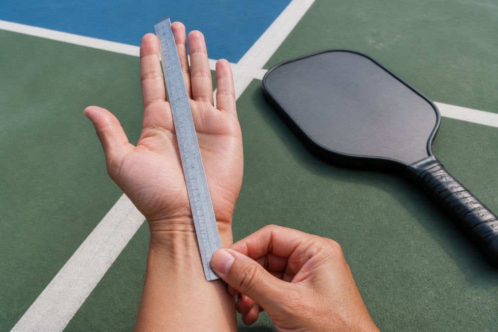 Close-up of a hand with a ruler measuring from wrist crease to middle fingertip, pickleball paddle resting nearby on an outdoor court