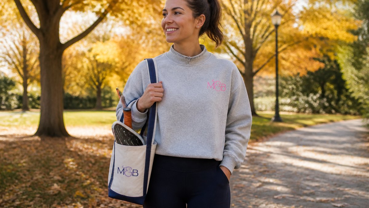A woman wearing a heather gray mock neck sweatshirt with pink embroidery, carrying a canvas pickleball tote bag while walking through a park on a sunny autumn afternoon