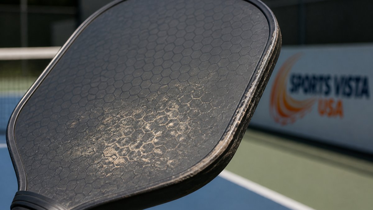 Close-up of pickleball paddle face showing surface texture wear patterns, grit degradation, and edge guard condition on a used paddle with visible wear marks