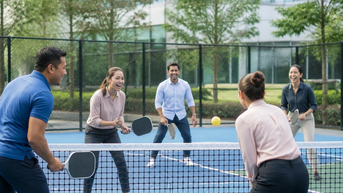 A diverse group of coworkers in casual office attire laughing and playing pickleball on a bright outdoor court, paddles in hand, with a net and painted lines visible