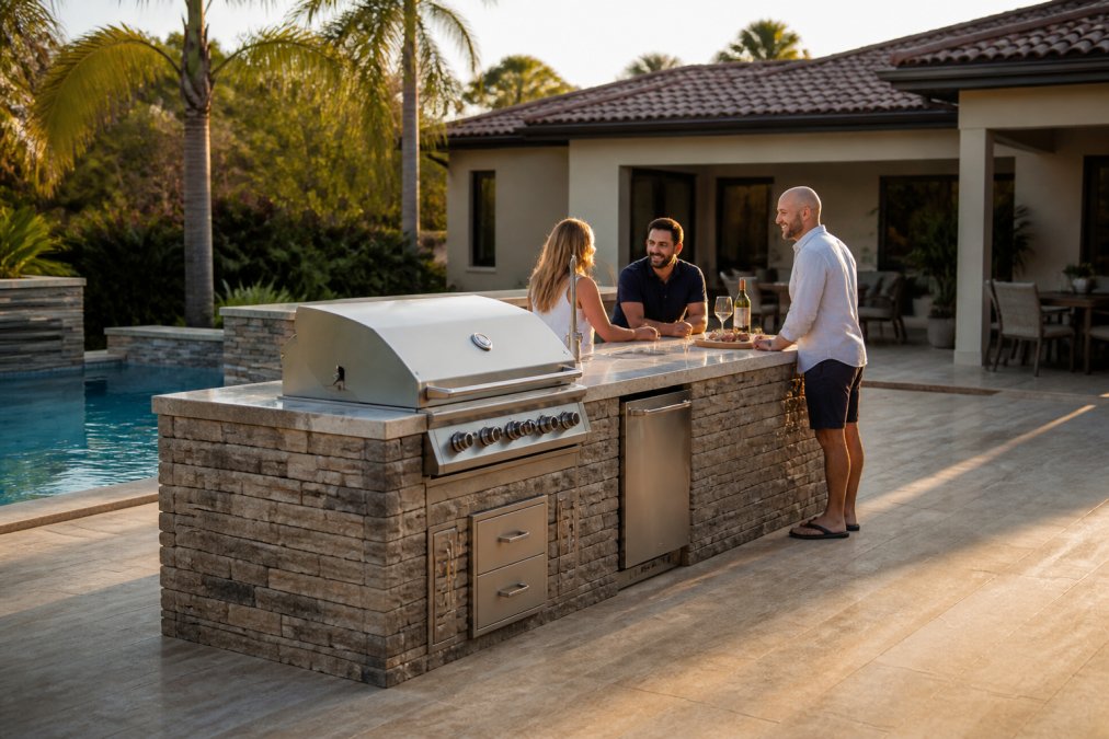 A wide, modern outdoor kitchen island with stacked stone veneer and a built-in grill, set on a travertine patio in a Southern California backyard under clear afternoon light