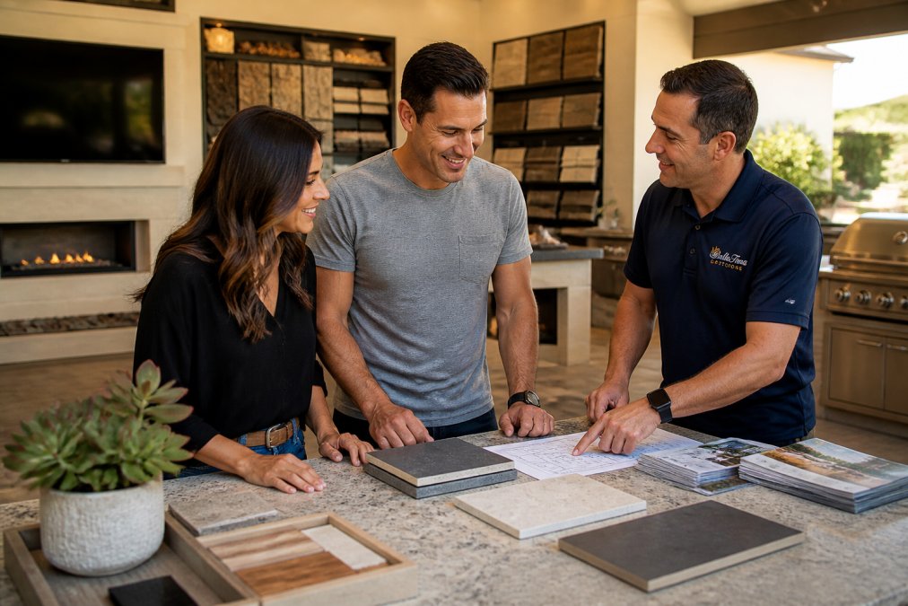Modern outdoor showroom interior with display sections featuring porcelain pavers in various finishes, outdoor kitchen samples with stainless steel appliances, fire pit installations, and architectural lighting fixtures, with customers and design professionals consulting over product samples and design plans
