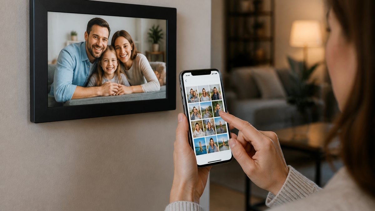 Step-by-step diagram showing how to sync a smartphone photo app with a wall-mounted digital display frame.