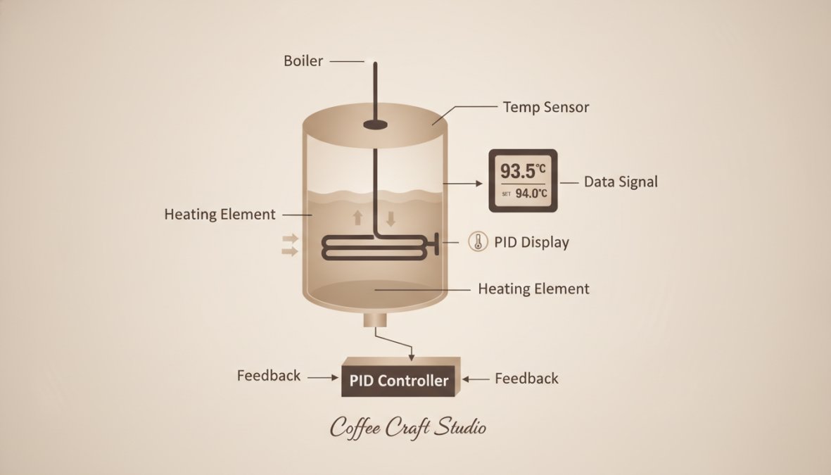 Close-up of espresso machine boiler with visible thermocouple probe inserted into brass fitting and digital PID display screen mounted on machine showing precise temperature readout in Fahrenheit