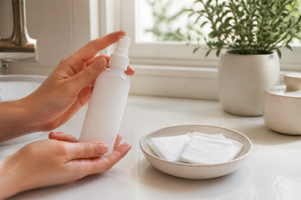 Hands holding a saline spray bottle and gauze pads for piercing aftercare on a clean bathroom counter.