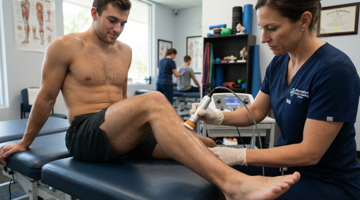 Close-up of a piezo wave therapy device applicator being positioned on an athlete's shoulder during treatment in a modern clinical setting with soft lighting