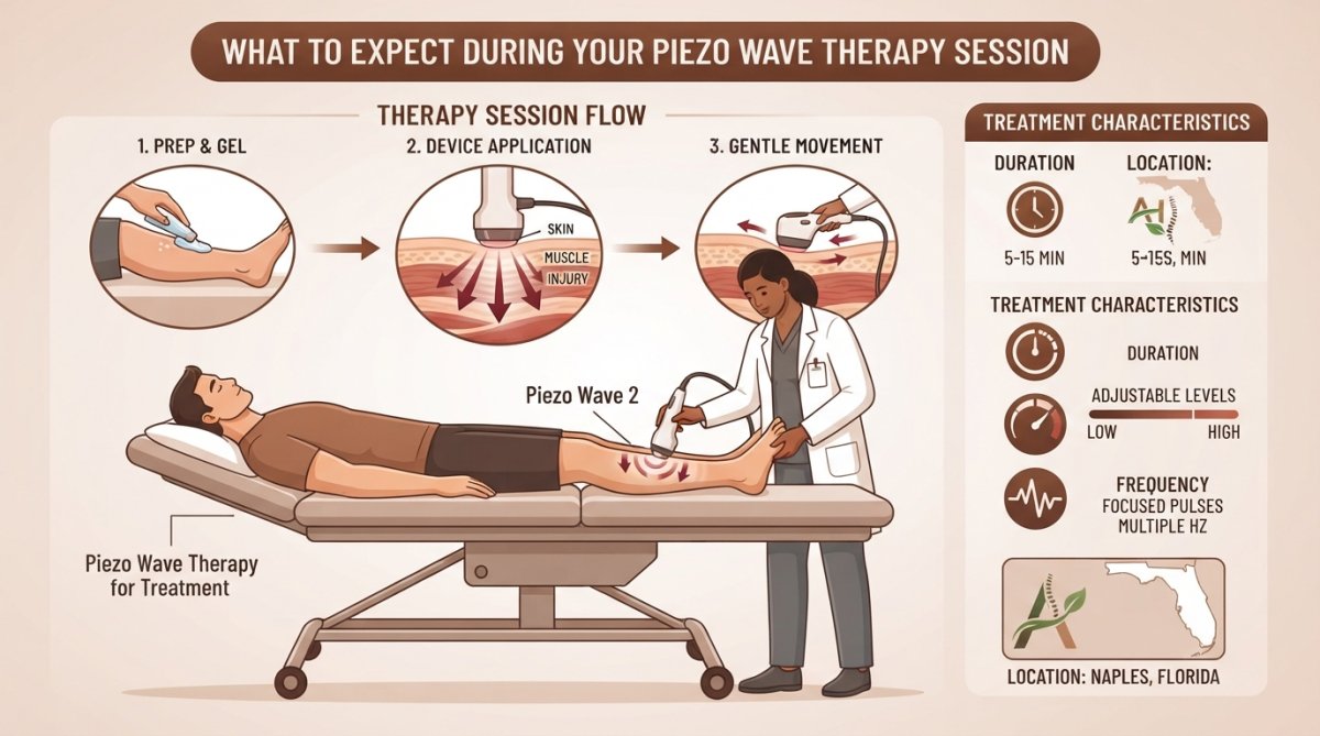 Patient receiving piezo wave therapy treatment on their foot while lying on a medical treatment table, with a healthcare provider operating the handheld piezoelectric device in a modern clinical setting with natural lighting