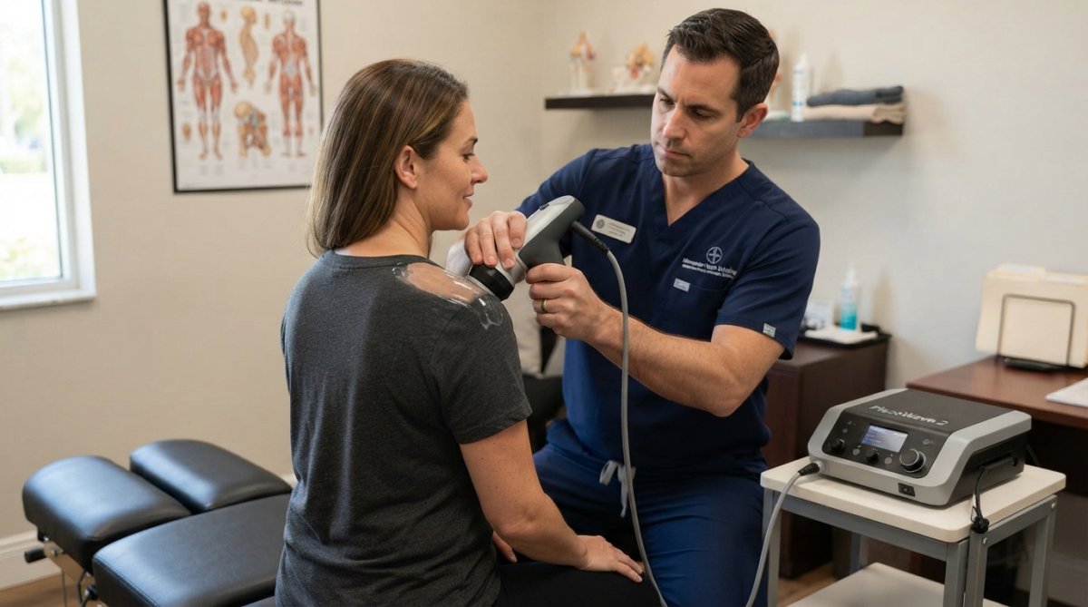 Physical therapist operating ultrasound-guided PiezoWave device on patient's foot in modern clinical setting with specialized equipment
