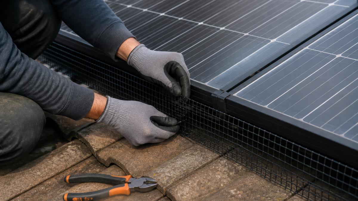 Close-up photograph of a pest control technician's gloved hands fitting a black PVC-coated mesh guard around the edge of a rooftop solar panel array, with clipping tools resting on the roof tiles beside them