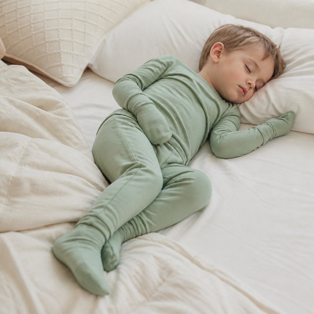 Child wearing soft, tag-less bamboo viscose pajamas in a relaxed sleeping position, showing fold-over mittens and feet details clearly against soft bedding with natural morning light