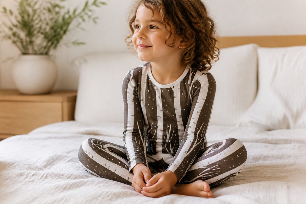 A young child wearing soft bamboo pajamas, sitting comfortably on a bed with a relaxed expression, warm natural lighting illuminating a cozy, simply decorated bedroom