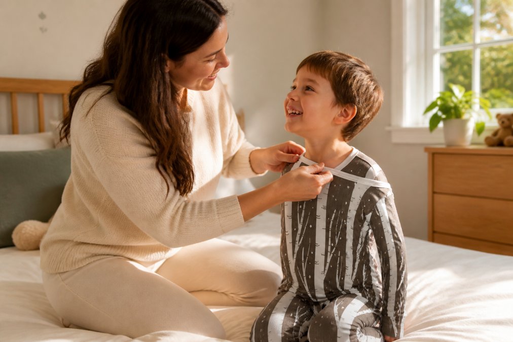 A parent gently helping a young child pull on a soft tagless shirt, both smiling, in a bright and calm home bedroom with morning sunlight coming through the window
