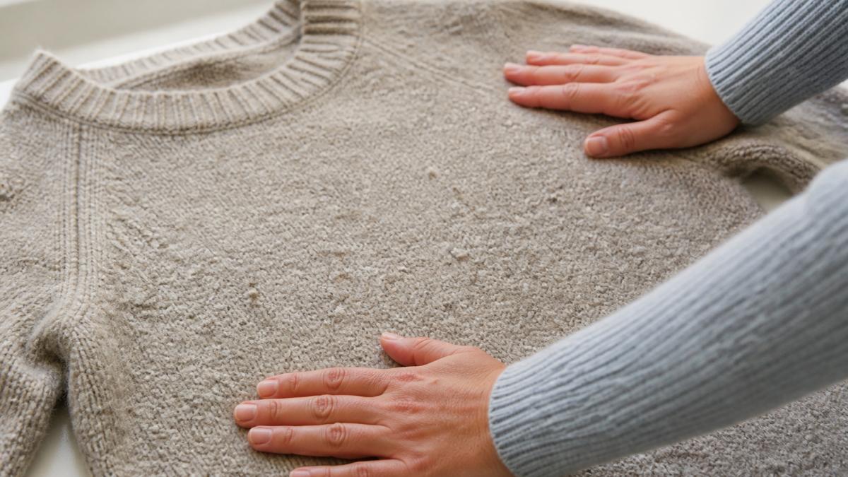 Hände, die einen Vintage-Wollpullover auf einer weißen Oberfläche glatt streichen und spannen, mit sichtbaren kleinen Knötchen im Stoff unter natürlichem Licht