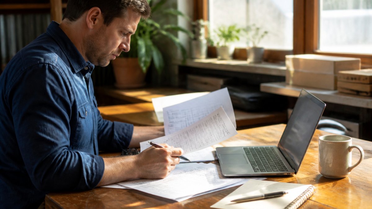 A small business owner reviewing printed financial documents beside a laptop showing accounting software in a bright home office, coffee mug and notepad on the desk