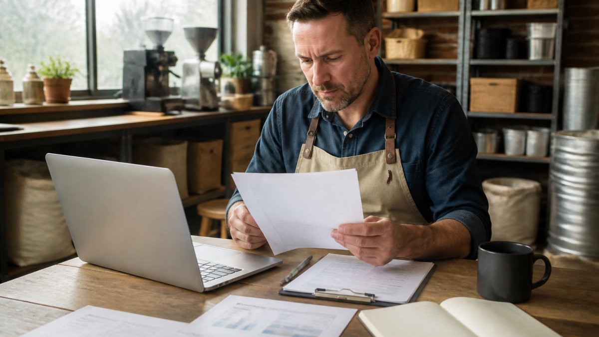 Business owner reviewing financial statements and accounting software on a laptop at a desk with organized documents and a cup of coffee nearby
