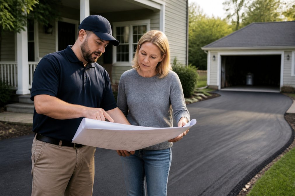 Professional contractor in work attire discussing project plans with a homeowner at a driveway site, reviewing blueprints and estimates together in natural daylight