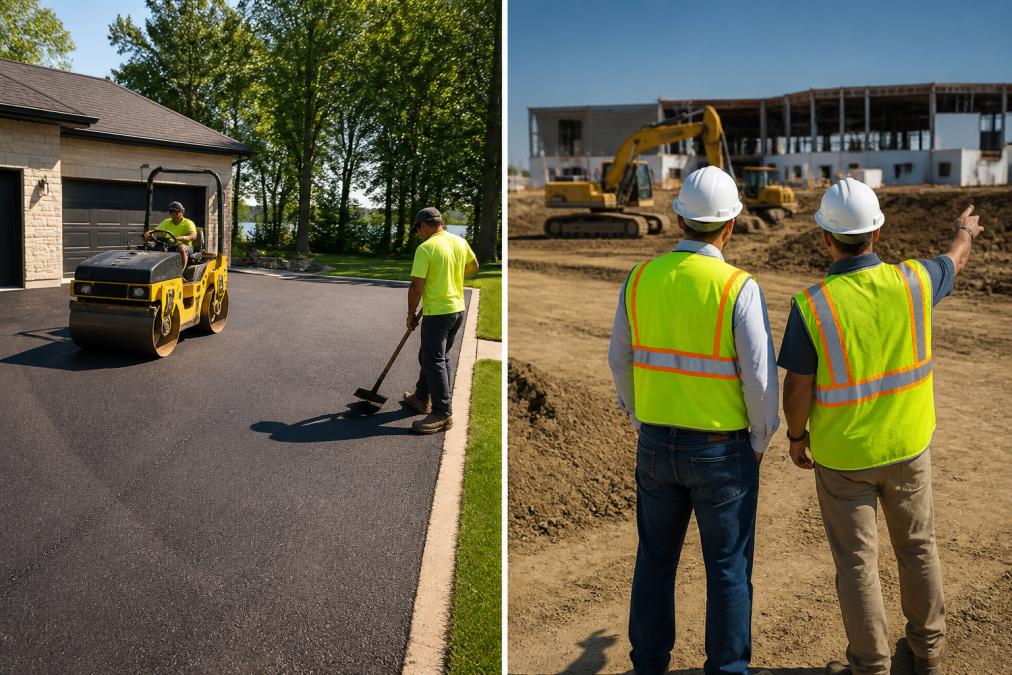 Professional paving crew operating heavy equipment and machinery on an asphalt parking lot or driveway project, with crew members directing work in daylight