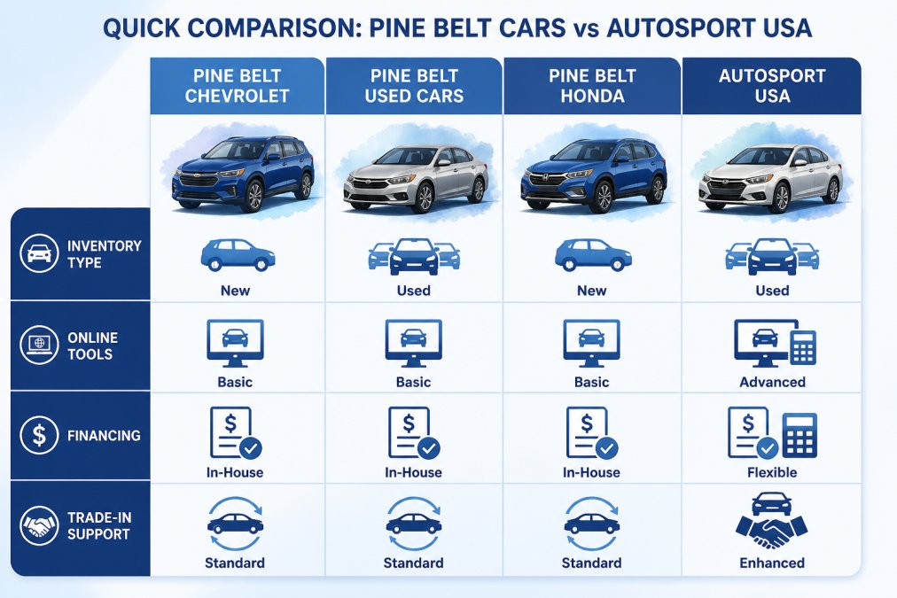 Watercolor comparison matrix of Pine Belt Chevrolet, Pine Belt Used Cars, Pine Belt Honda, and AutoSport USA across four criteria: inventory type, online tools, financing, and trade-in support