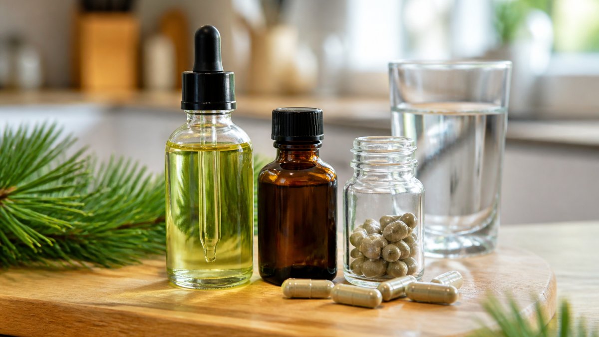 A close-up of a glass dropper bottle of pine needle oil beside a small amber glass bottle and a bottle of veggie capsules on a clean wooden kitchen counter, with a glass of water in the background