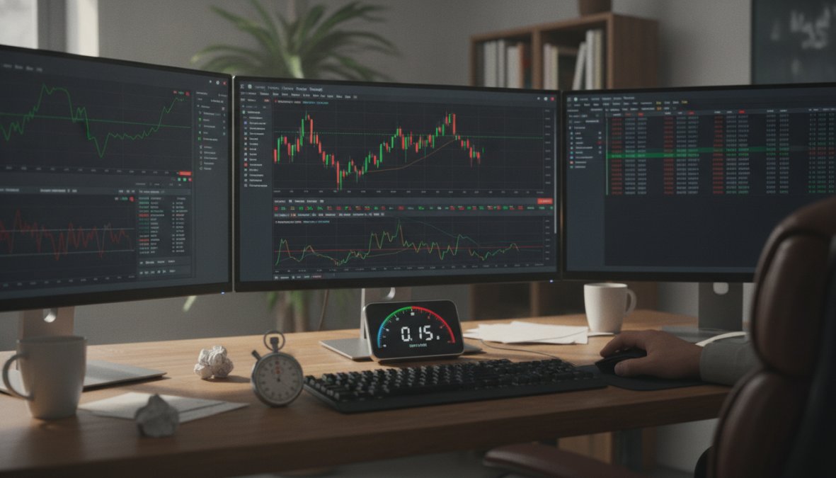 A trader at a desk with multiple monitors displaying live market data and trading dashboards, showing active order execution in progress with real-time price updates