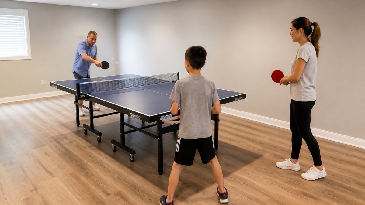Family of three playing ping pong at table with clear floor space around all sides, bright overhead lighting, and visible distance between players and walls