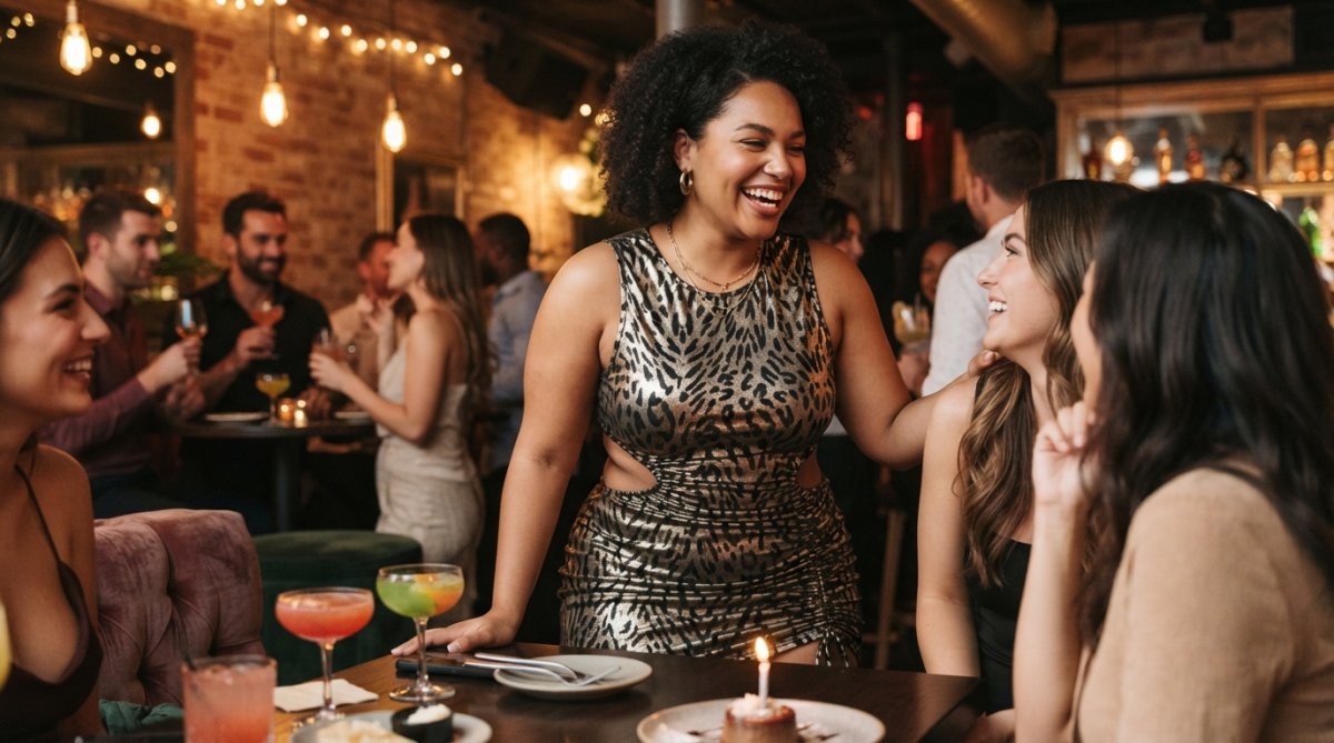 A confident woman in a trendy bodycon dress with metallic animal print and side cutout detailing, posing at an upscale nightlife venue with warm ambient lighting, showing real-life styling and how the dress fits on a curvy frame