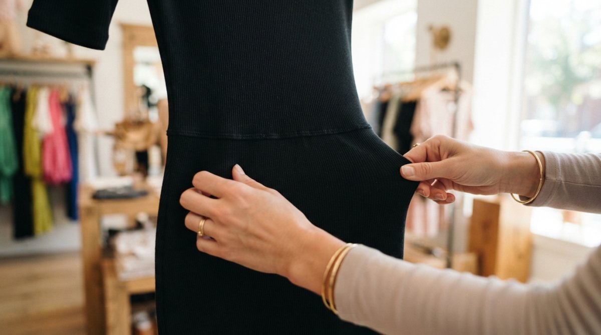 Close-up of a woman's hands examining the stretch and fabric quality of a bodycon dress, checking the fit around the waist and hips, with natural lighting showing the texture and construction details