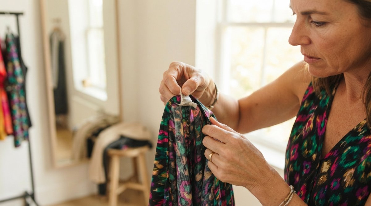 Close-up of a woman's hands examining the stitching and fabric label of a colorful going-out dress in a bright, modern dressing room with natural window light