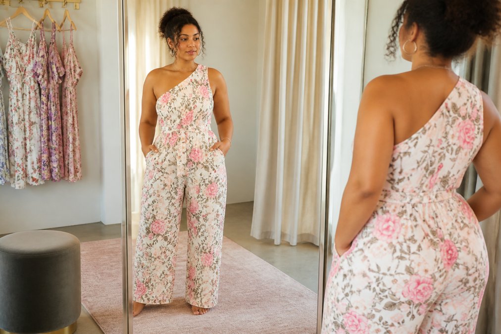 Woman trying on a floral dress in a boutique fitting room, checking the fit in a full-length mirror with natural lighting