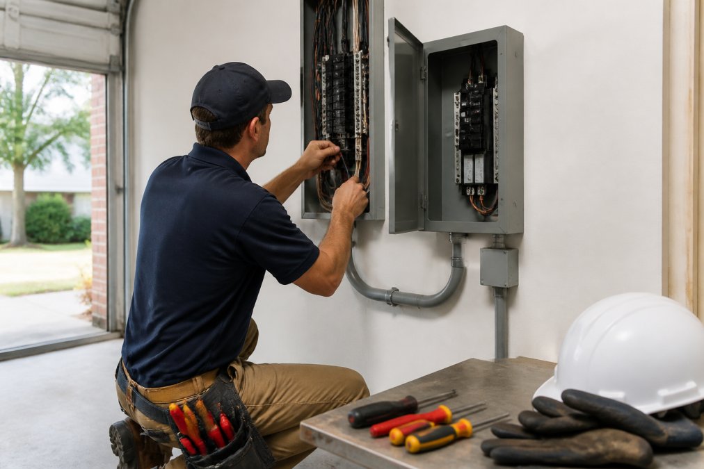Licensed electrician installing a transfer switch as a Pioneer Generators alternative for Tennessee in a home garage.