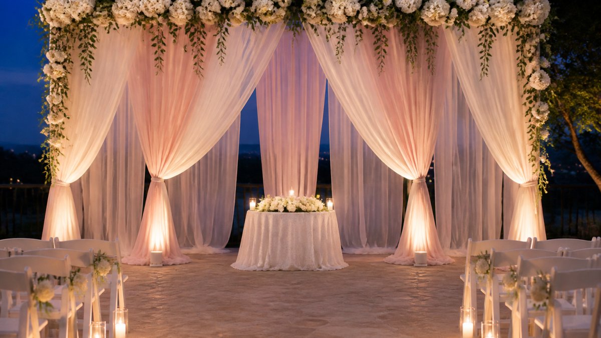 Elegant pipe and drape design featuring ivory and blush sheer fabric with floral accents for a romantic wedding altar.