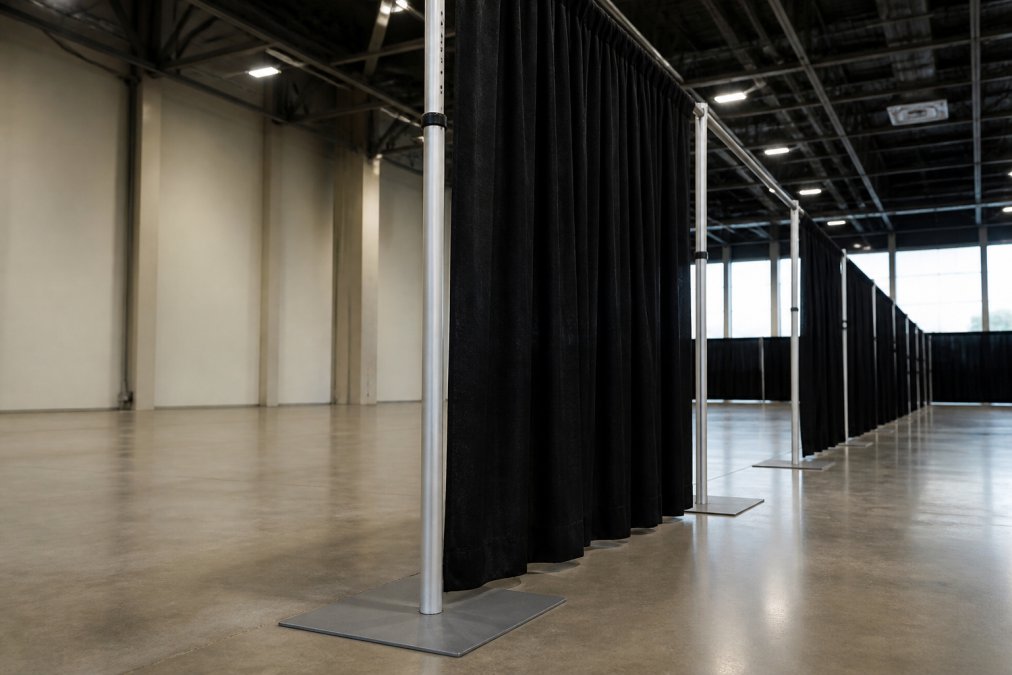 Close-up photograph of a telescopic upright pipe and drape system with a wide base plate on a polished concrete floor in a large event hall with very high ceilings, fabric panels partially hung