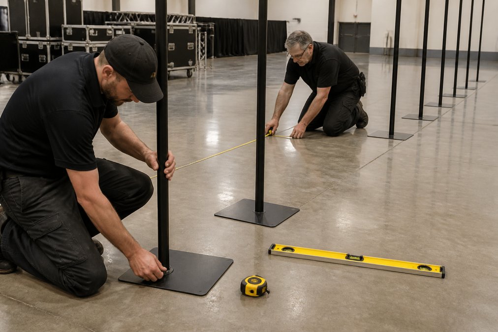 Professional installation crew positioning base plates and vertical poles on a polished concrete floor of a large venue, with measuring tape and level tools visible