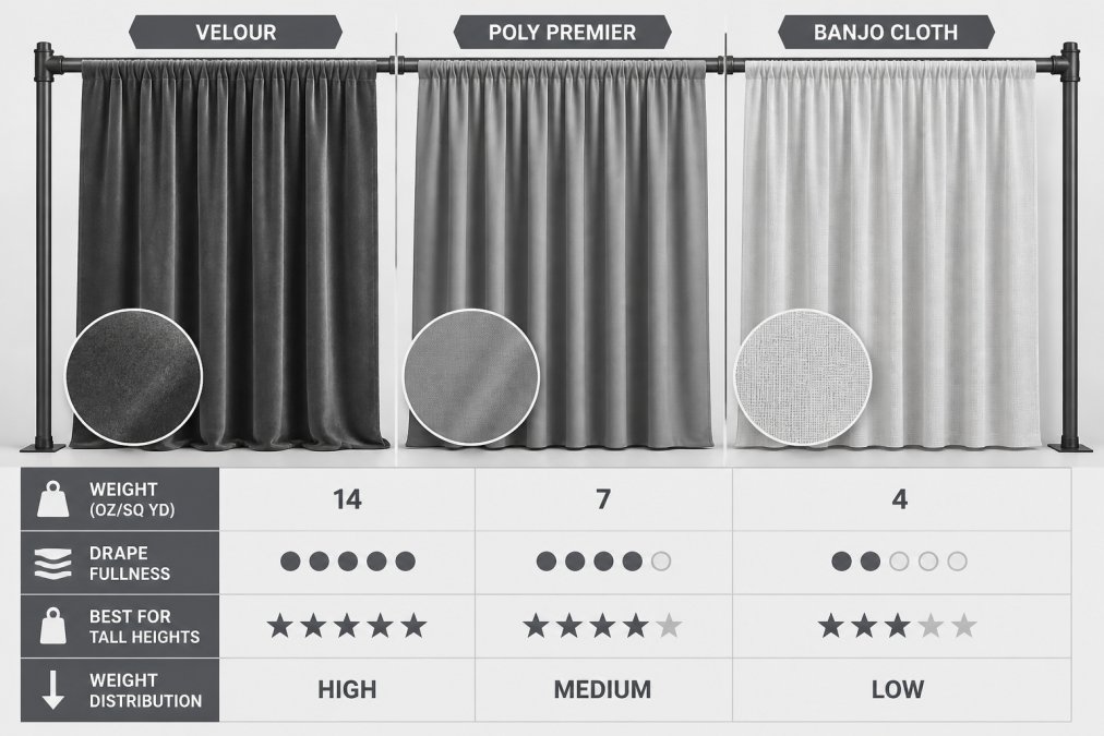 Close-up view of different drape fabric samples (velour, poly premier, banjo cloth) hanging side-by-side on a pipe system, showing texture and drape quality