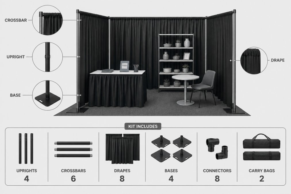 Professional trade show booth with black pipe and drape framework clearly showing metal uprights anchored to weighted bases, horizontal crossbars connecting the frame, and fabric drapes hanging from the crossbars with product displays visible inside the booth