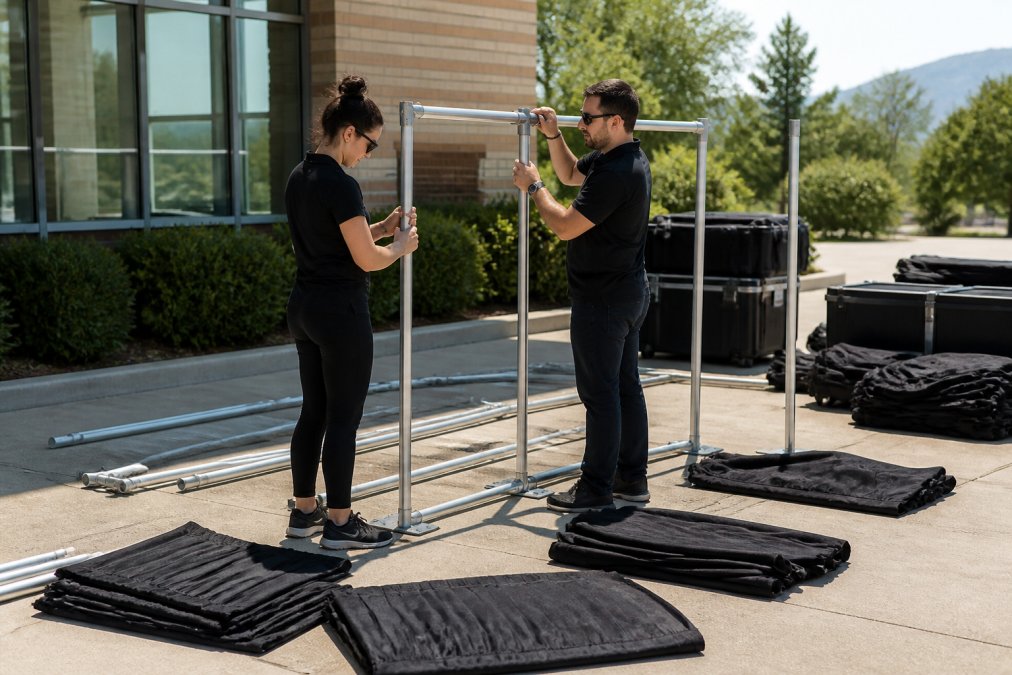 Two event professionals assembling pipe and drape components outdoors in natural daylight, connecting metal uprights and crossbars together, with folded fabric drapes laid nearby on the ground ready for hanging