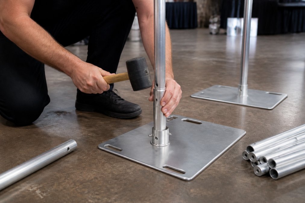 Close-up of hands assembling metal base plates and uprights on an event venue floor, showing modular components being fitted together with a rubber mallet
