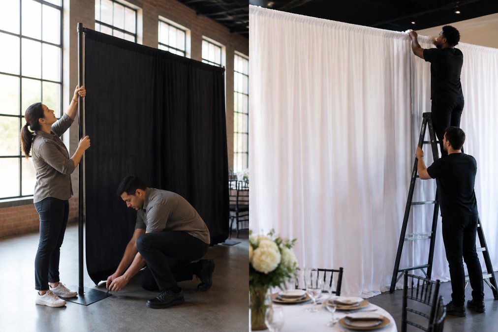 Event coordinator and team member installing pipe and drape hardware indoors, demonstrating assembly of uprights and crossbars on base plates during setup, natural lighting from venue windows