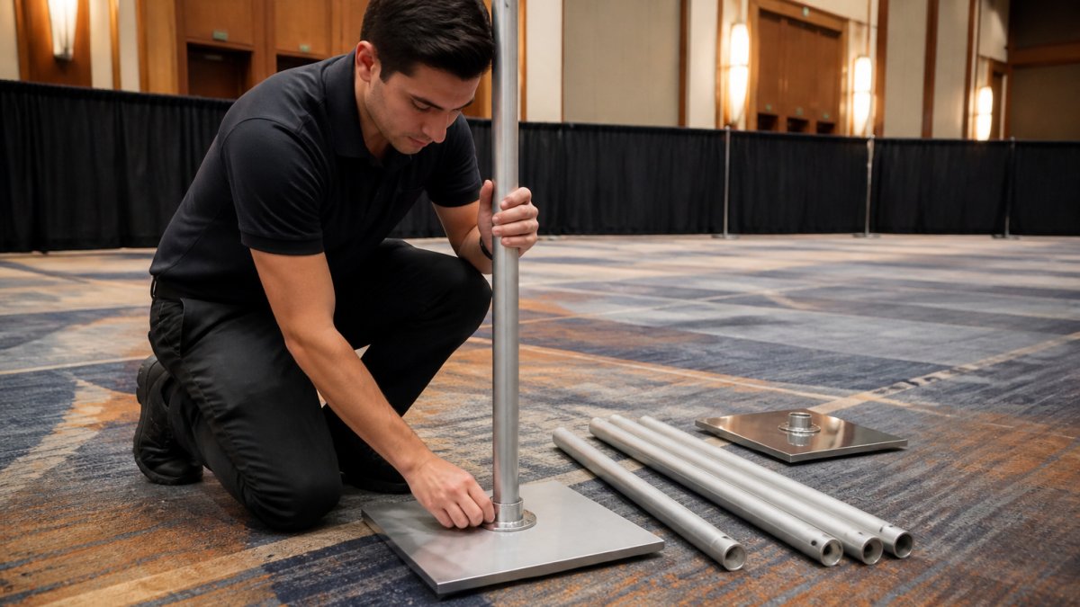 Professional technician assembling base plate and upright components of a pipe and drape system, hands positioning metal parts together on event venue floor with natural lighting