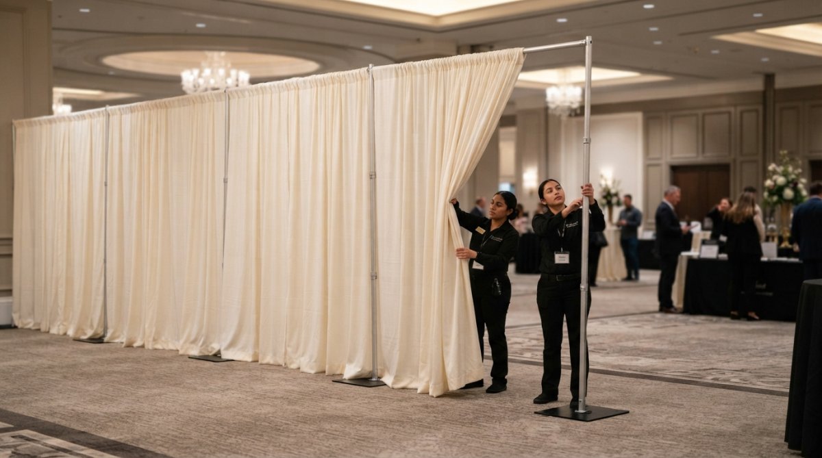 Professional event setup showing portable pipe and drape system with uprights, crossbars, and draped fabric panels creating a polished backdrop in an elegant venue with soft overhead lighting