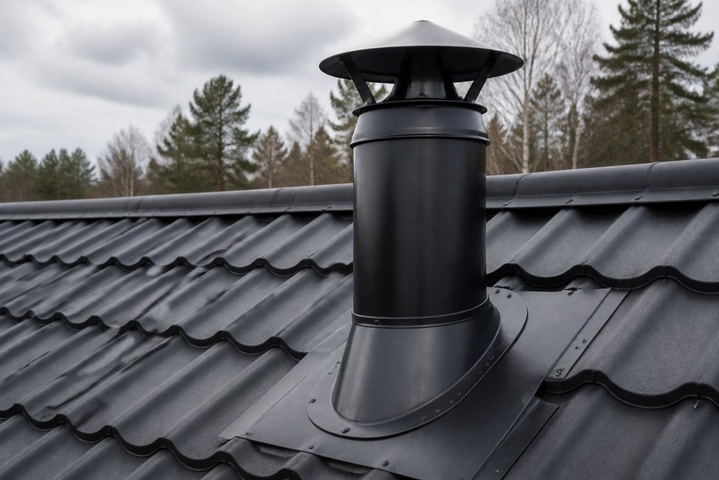 Close-up of roof showing chimney pipe with metal flashing at penetration point and protective cap installed at pipe top, demonstrating overlap and integration with roof surface