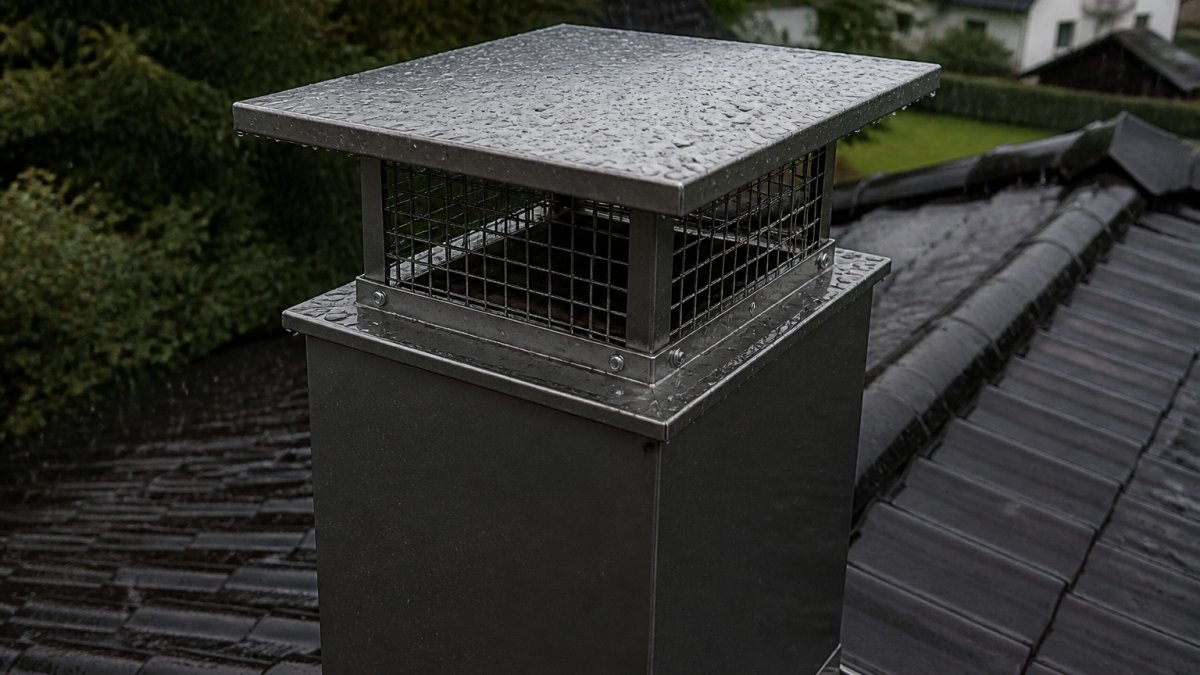 Nærbilde av en metallpipehatt montert på en skorstein på et hustak, regndråper treffer hetten mens taket rundt pipen er vått