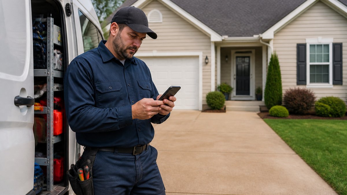HVAC technician checking appointment details on a mobile device as a pipenflow alternative HVAC solution