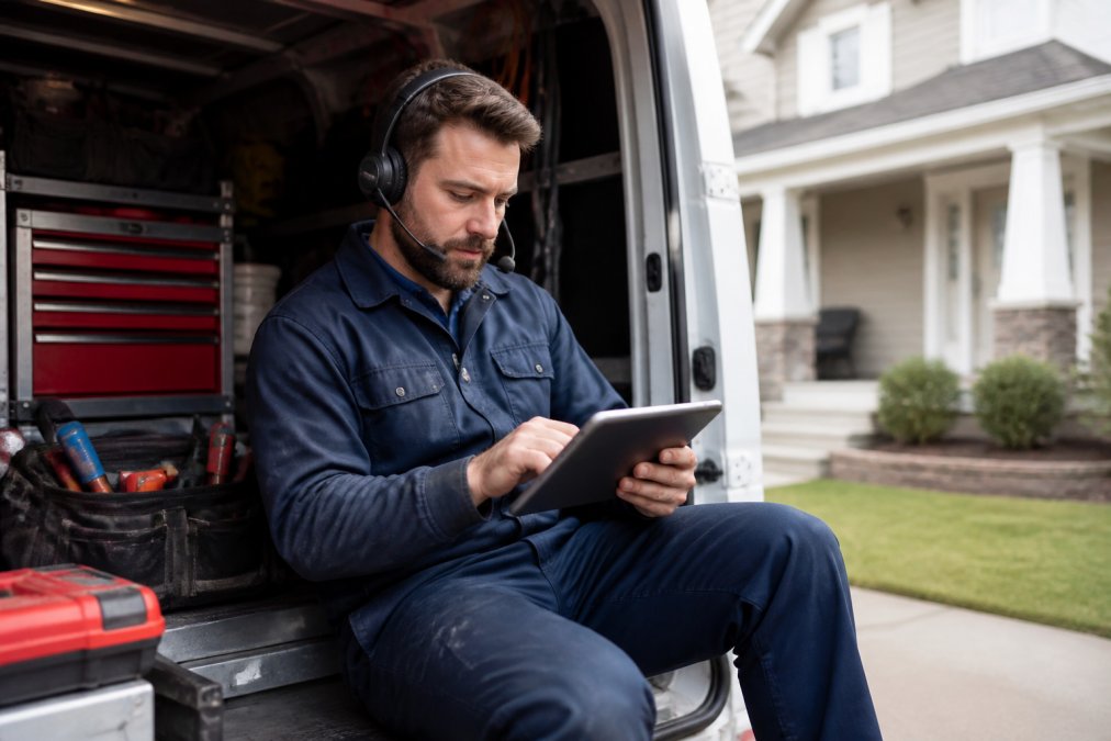 Electrician using a tablet in a work van while using Dialzara for electrical management on a job site.