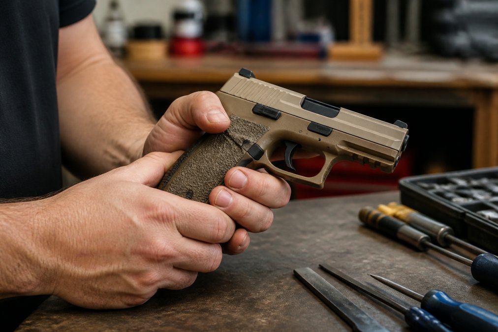 Close-up of a shooter's hands wrapped around a pistol grip with textured stippling, resting on a workbench with small tools nearby in a home workshop