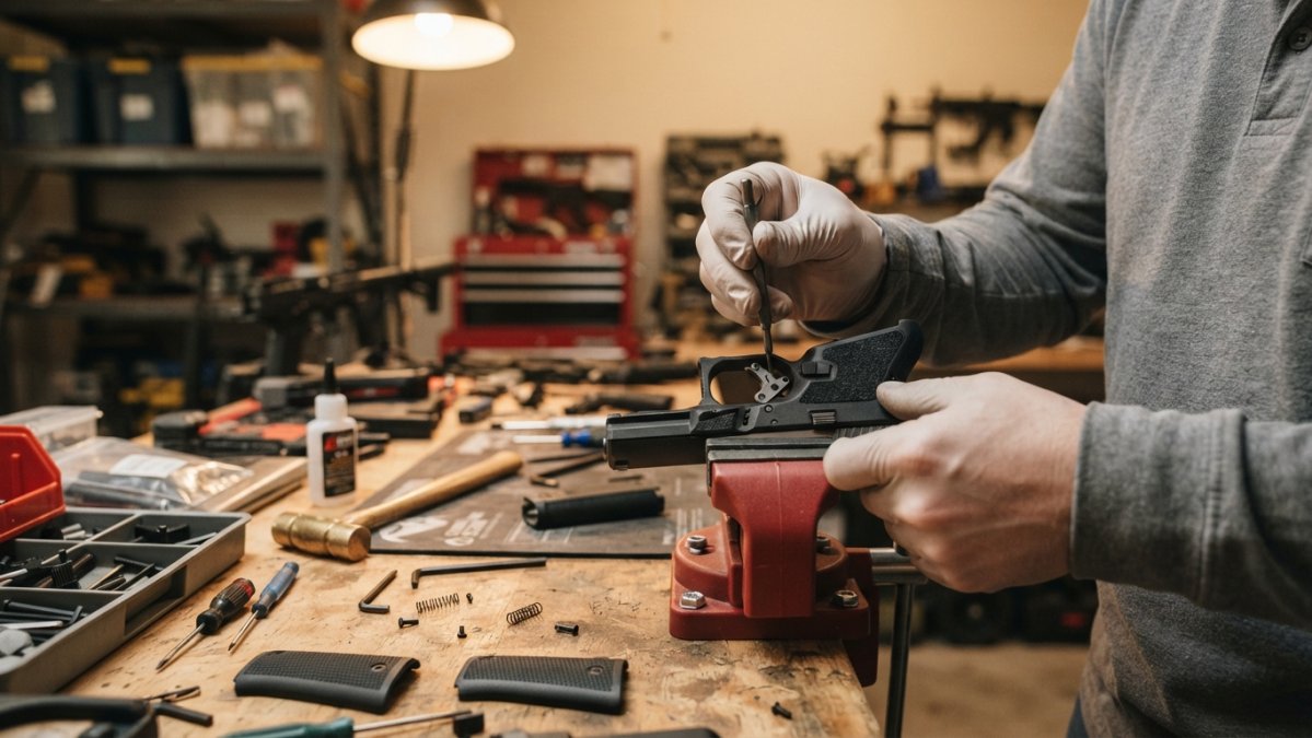 Shooter using a punch tool to adjust a trigger mechanism to improve pistol accuracy on a workbench