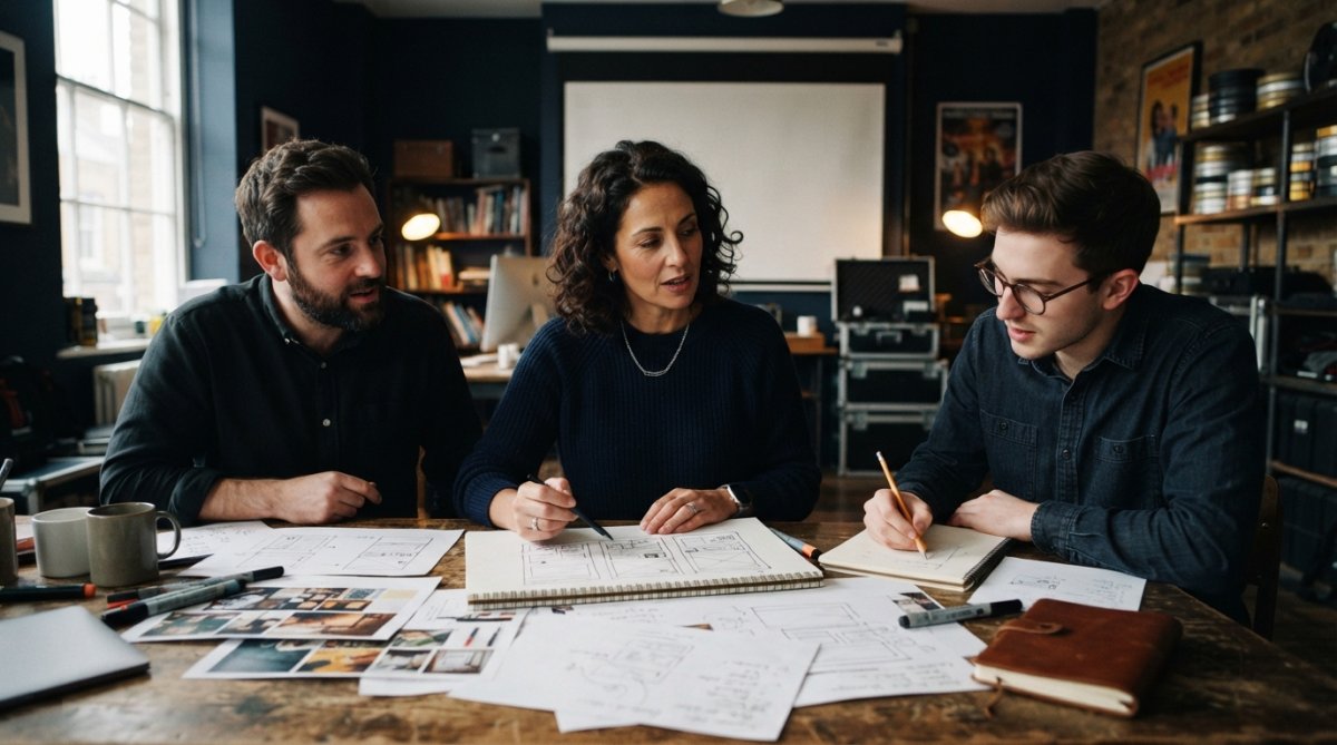 Creative director and designer collaborating at desk, reviewing pitch deck slides on a monitor with sketches and design notes scattered nearby, natural office lighting